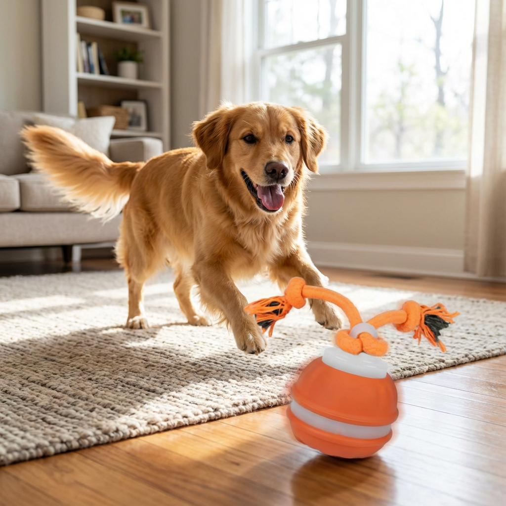 Durable Dog Play Ball with Motion Sensor and Tug Rope in Dog-Friendly Colours