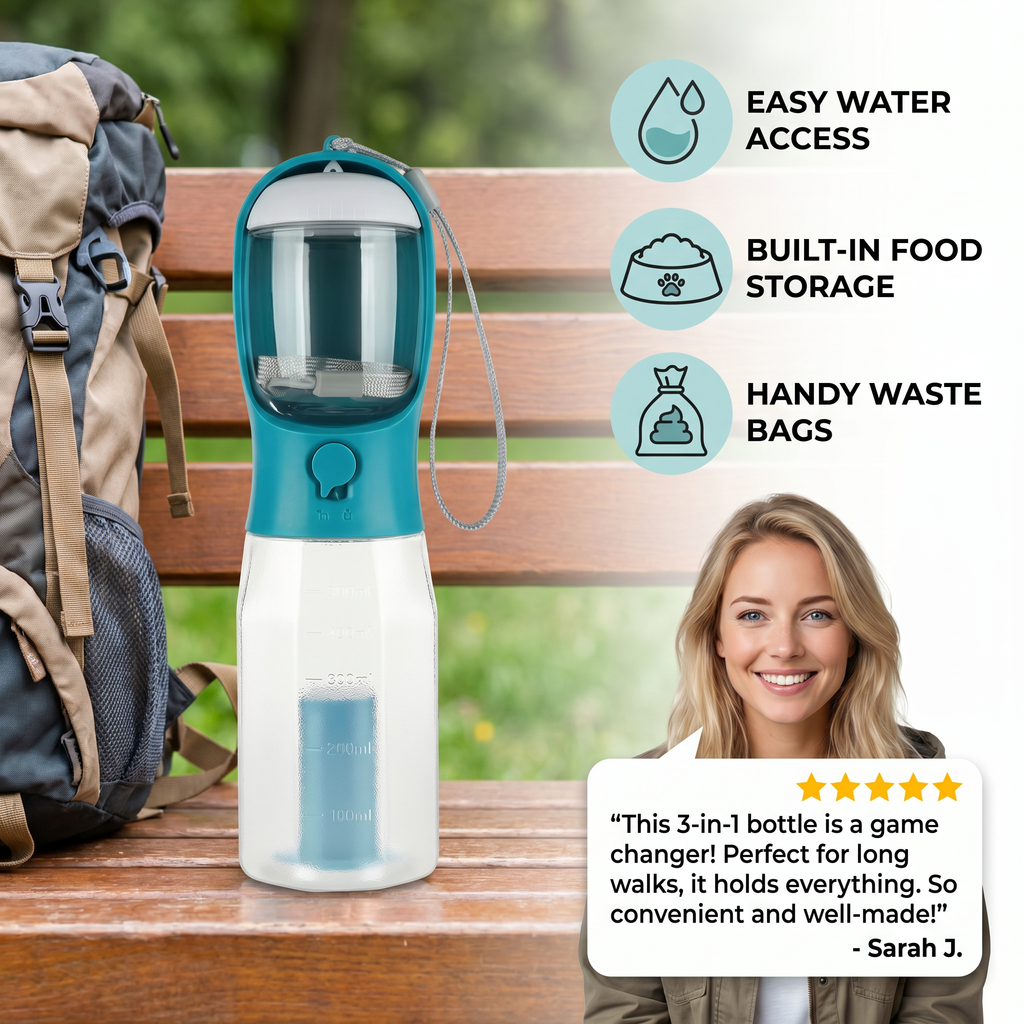 3-in-1 Portable Dog Water Bottle with Food Container and Poop Bag