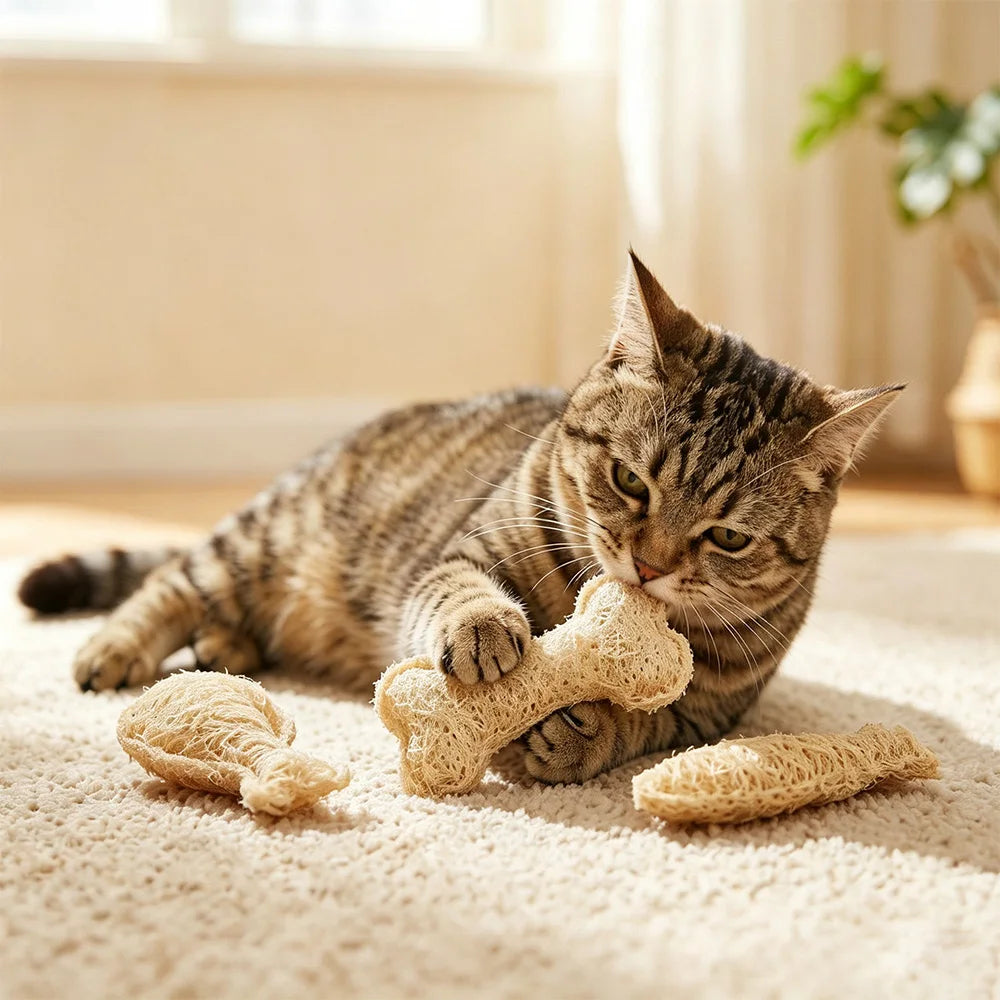 ZooFlex Natural Catnip Loofah Chew Toys – Kitten Teething & Dental Chew Sticks (1–3 Pack)