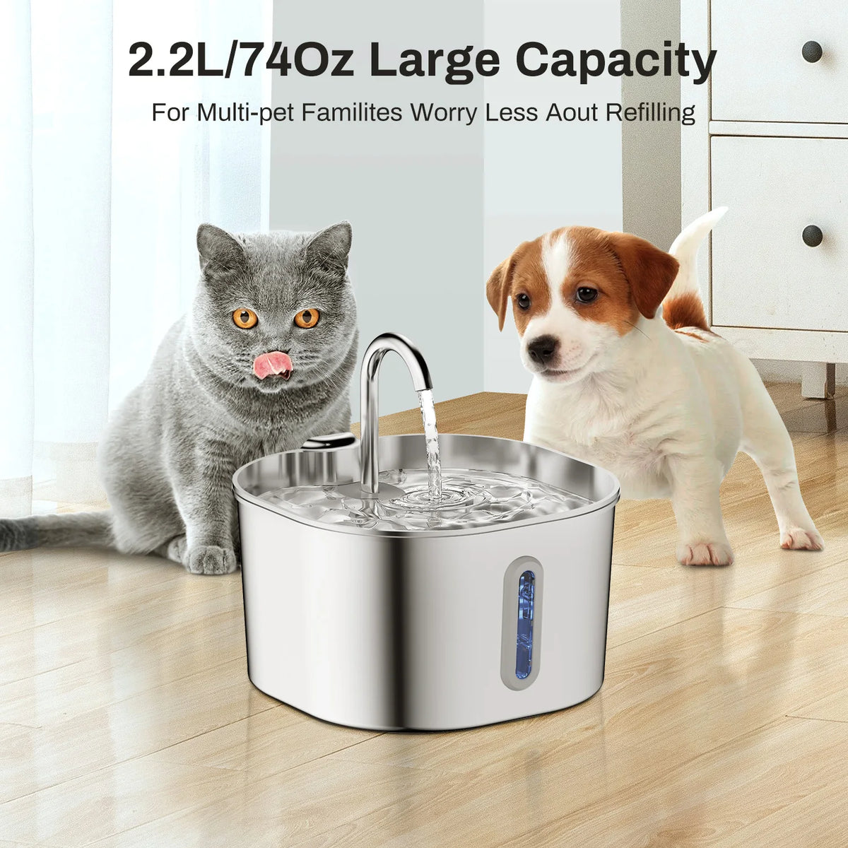 ZooFlex 2.2L Automatic Cat Water Fountain – Stainless Steel Pet Water Dispenser