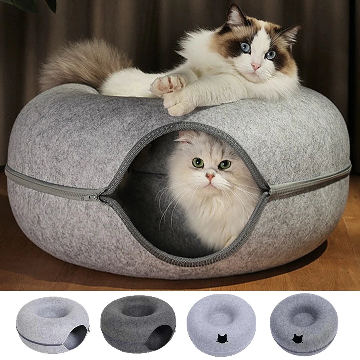 ZooFlex Felt Cat Tunnel Bed – Interactive Donut Cat Cave, Scratcher & Sleeping Nest
