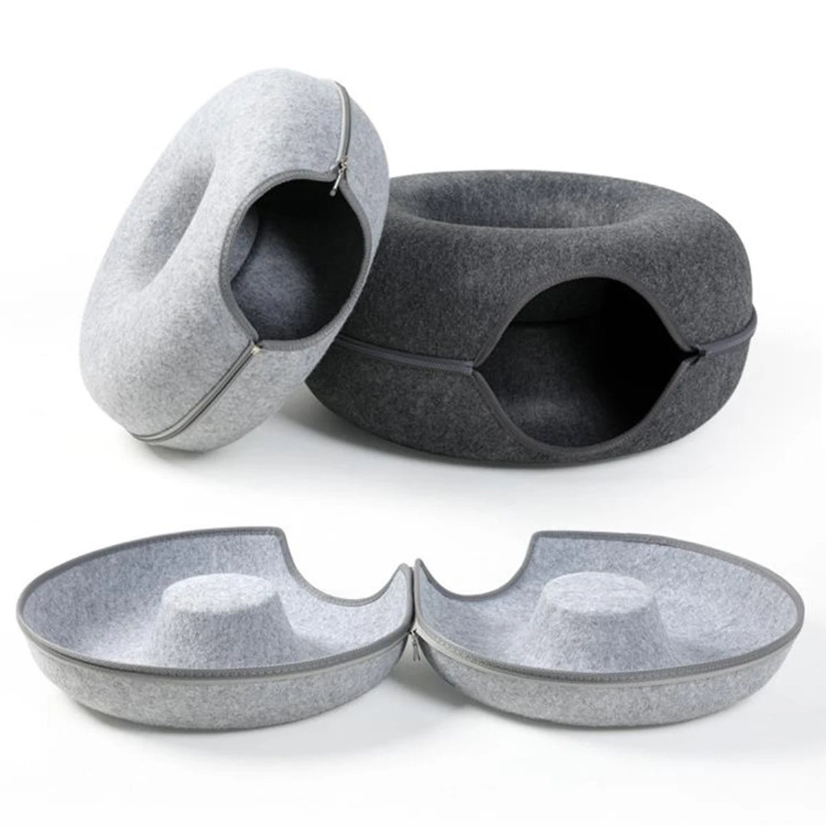ZooFlex Felt Cat Tunnel Bed – Interactive Donut Cat Cave, Scratcher & Sleeping Nest