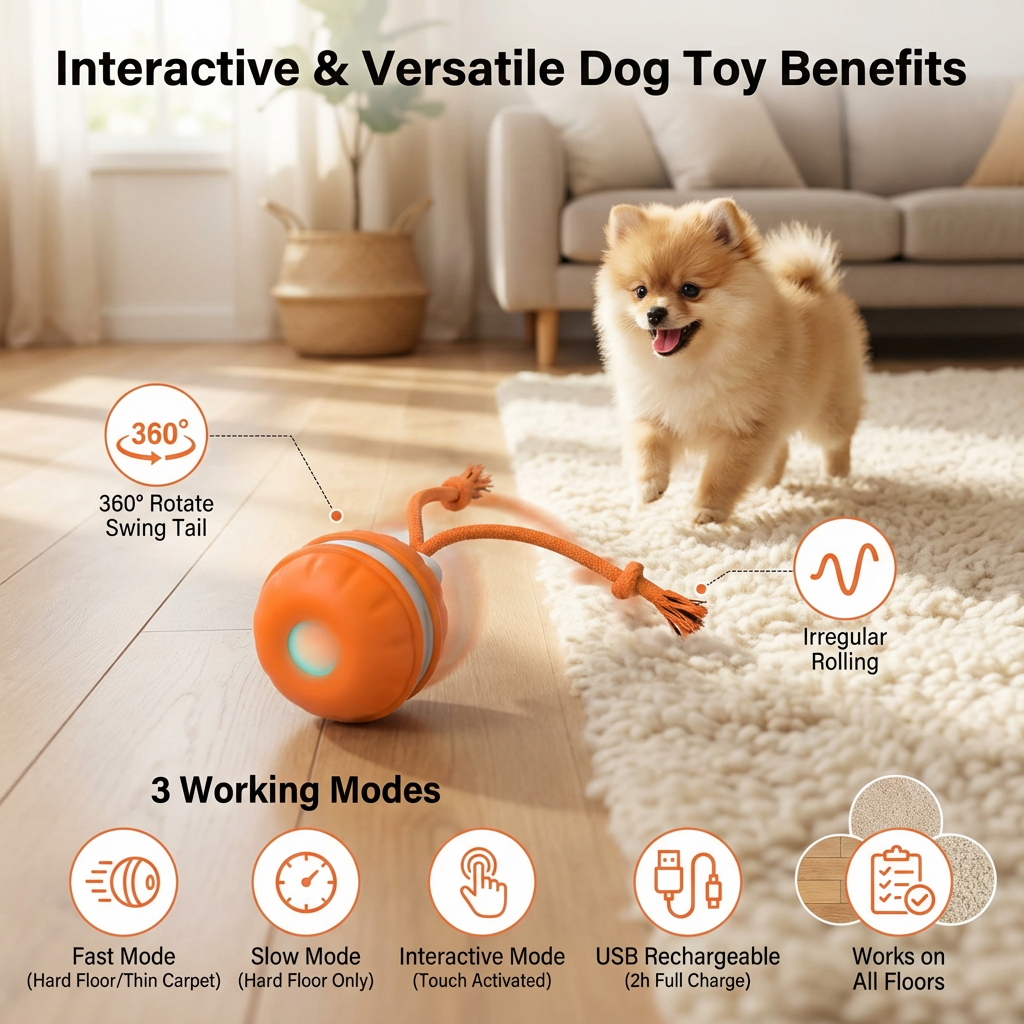 Durable Dog Play Ball with Motion Sensor and Tug Rope in Dog-Friendly Colours